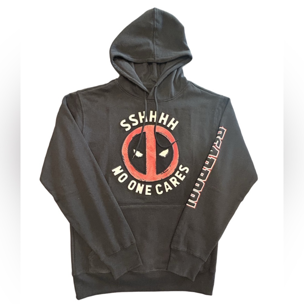 Men’s black Marvel Deadpool SHHHH No One Cares sarcastic Graphic fandom hoodie S